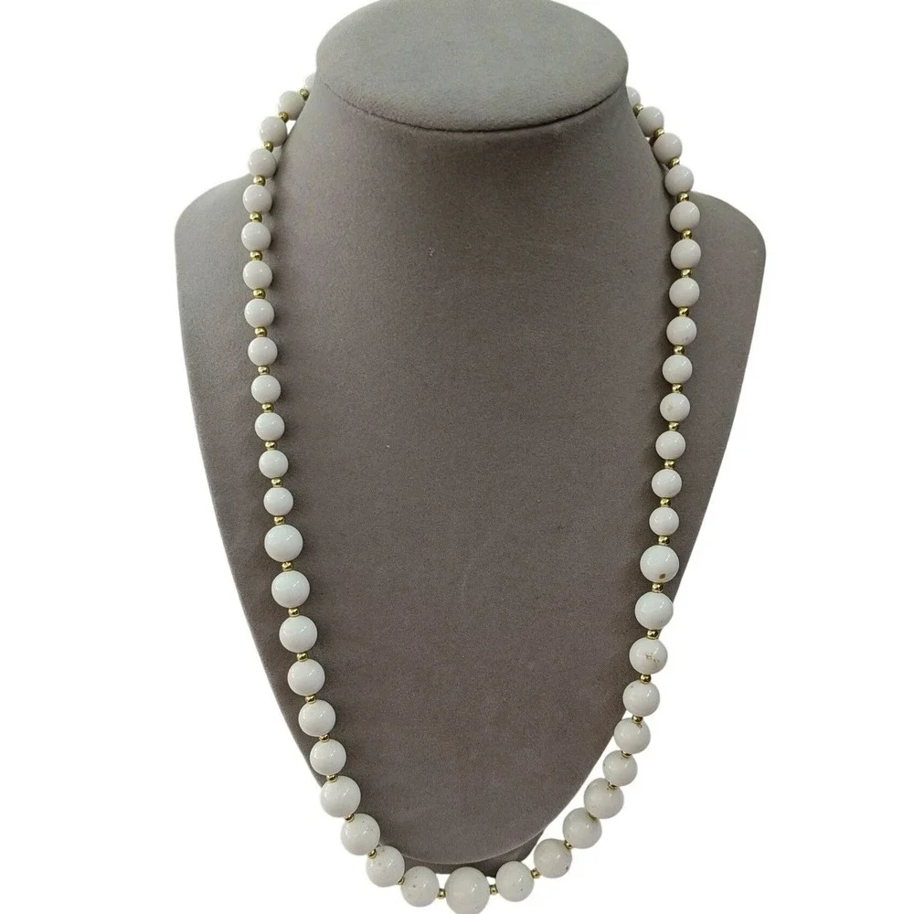 Beaded Necklace‎ White Gold Tone Spacer Beads Spring Ring Clasp Classic Strand